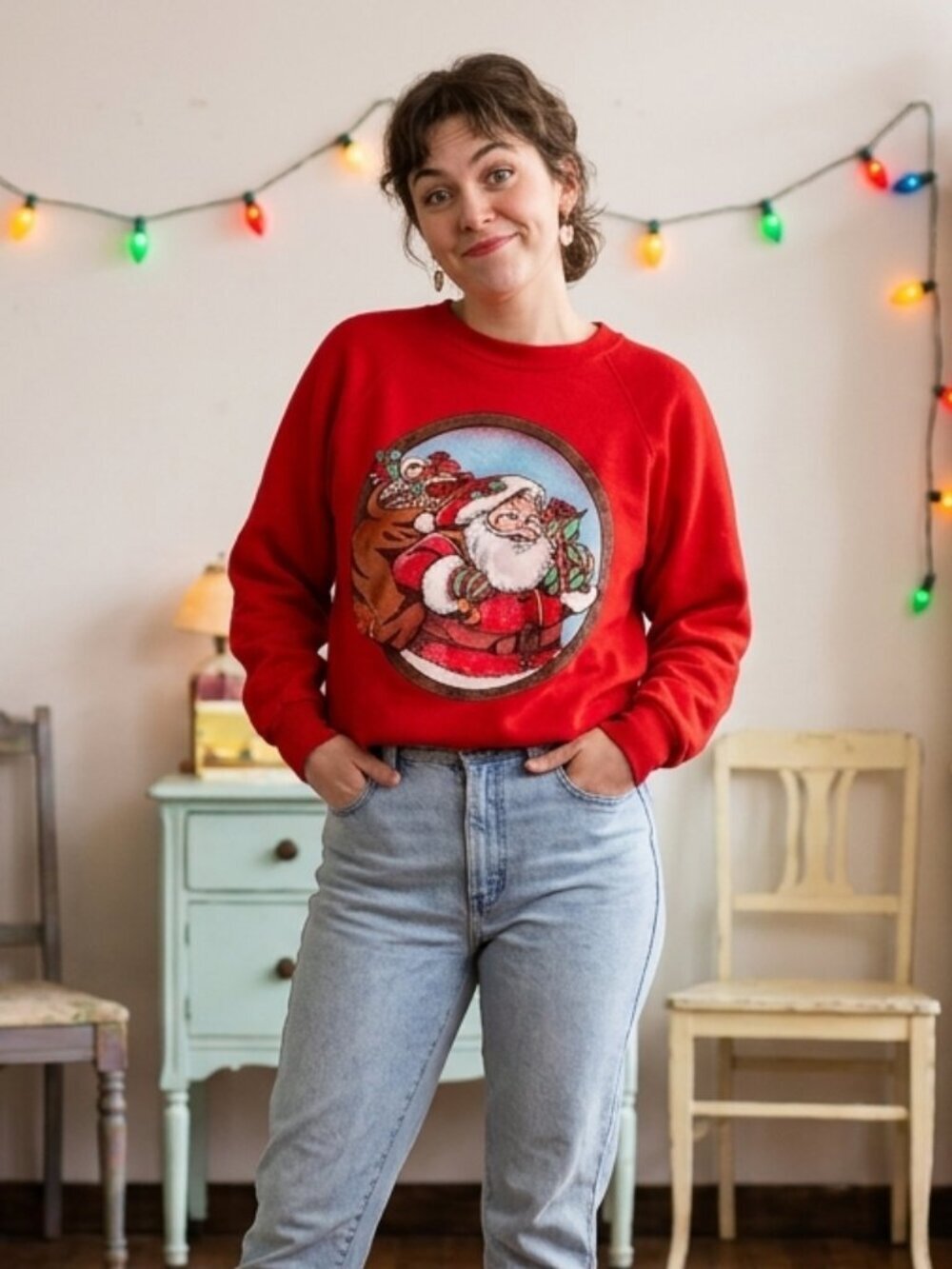 Vintage 80's Santa Claus Christmas Sweatshirt Retrocore Kidcore Festive Large